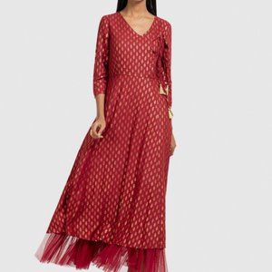 Gorgeous Maroon Ruffle Banarasi Kurta Dress